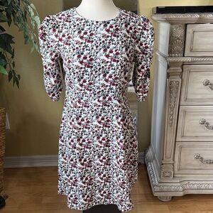 A Loves A Floral Mini Dress Size S White Red Vintage Style 3/4 Sleeves